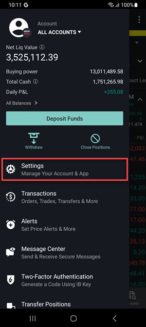 The account menu settings for the android phone. 